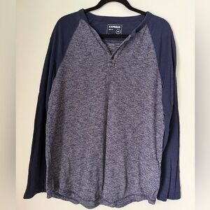 Express Men’s Medium Raglan Long Sleeve Heather Henley Shirt Navy